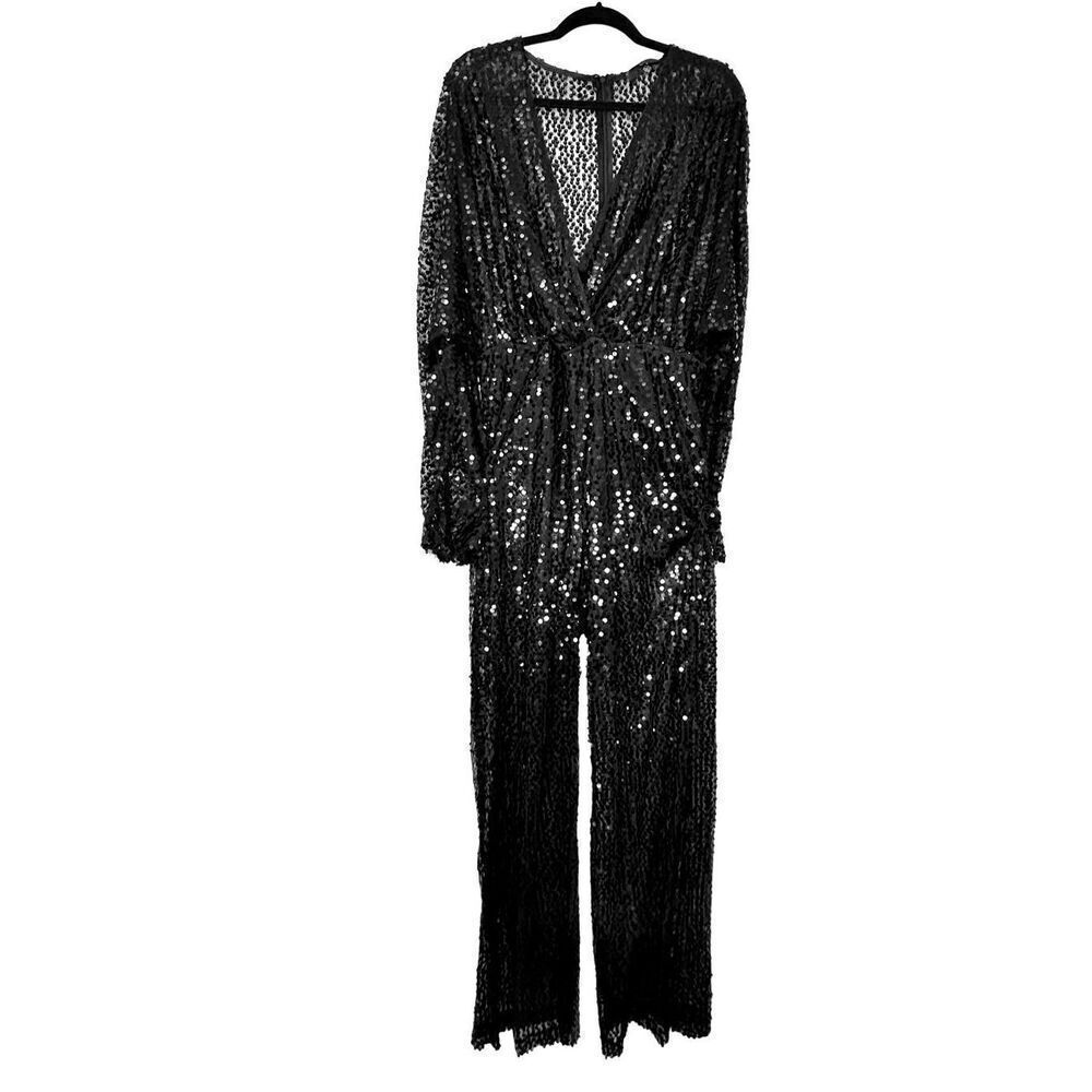 Missguided Surplice Wrap Long Sleeve Back Zip Sequin Jumpsuit Black Medium